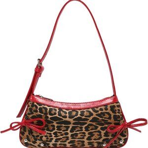 Women's Y2K Leopard Bag PU Leather Top Handle Shoulder with Bowknot